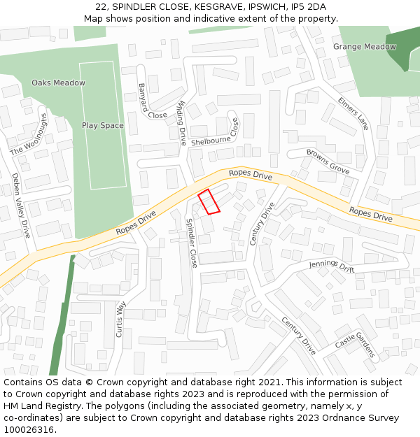 22, SPINDLER CLOSE, KESGRAVE, IPSWICH, IP5 2DA: Location map and indicative extent of plot