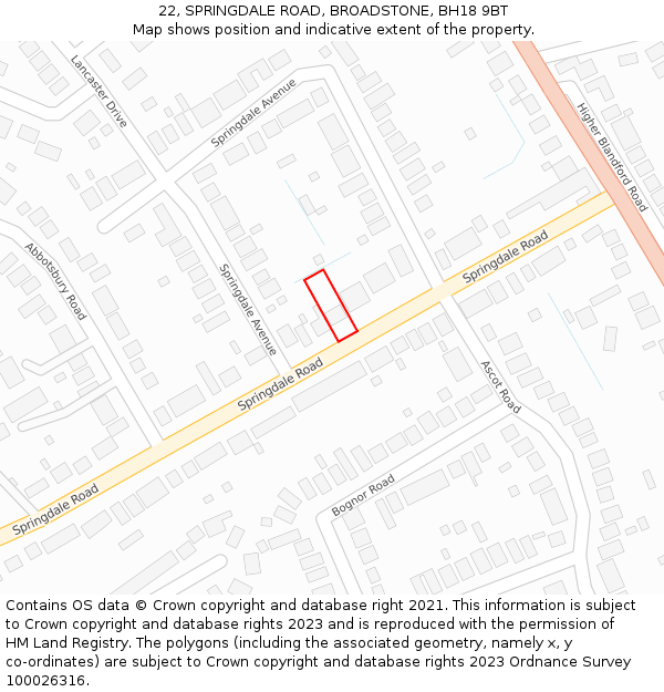 22, SPRINGDALE ROAD, BROADSTONE, BH18 9BT: Location map and indicative extent of plot