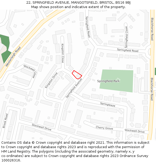 22, SPRINGFIELD AVENUE, MANGOTSFIELD, BRISTOL, BS16 9BJ: Location map and indicative extent of plot