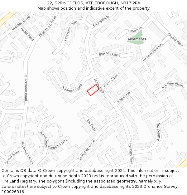22, SPRINGFIELDS, ATTLEBOROUGH, NR17 2PA: Location map and indicative extent of plot