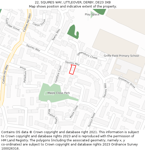 22, SQUIRES WAY, LITTLEOVER, DERBY, DE23 3XB: Location map and indicative extent of plot