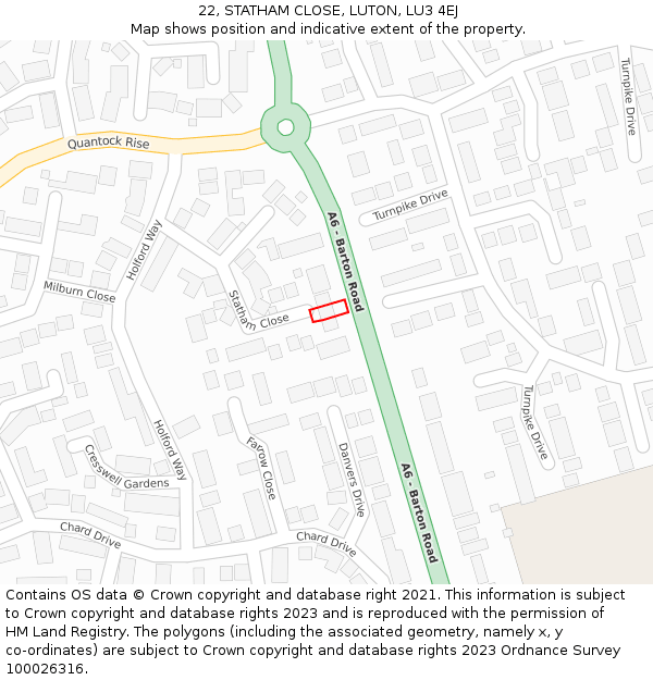 22, STATHAM CLOSE, LUTON, LU3 4EJ: Location map and indicative extent of plot