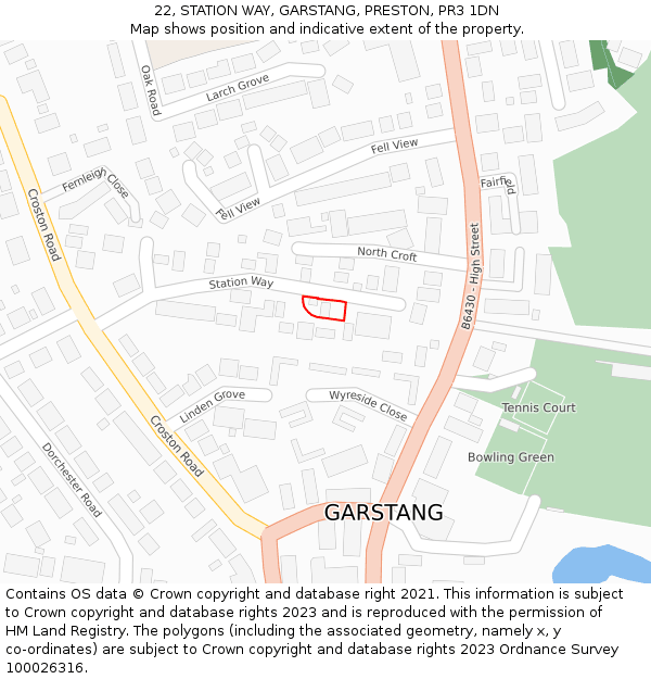 22, STATION WAY, GARSTANG, PRESTON, PR3 1DN: Location map and indicative extent of plot