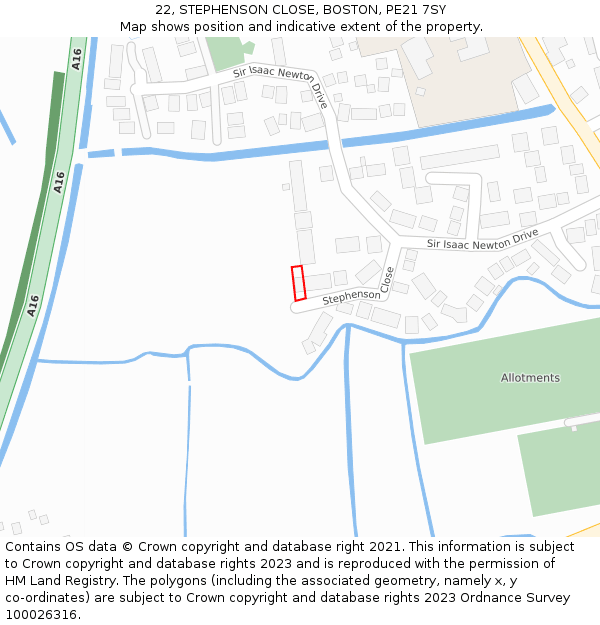 22, STEPHENSON CLOSE, BOSTON, PE21 7SY: Location map and indicative extent of plot