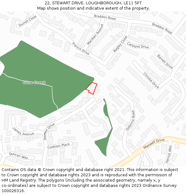 22, STEWART DRIVE, LOUGHBOROUGH, LE11 5PT: Location map and indicative extent of plot