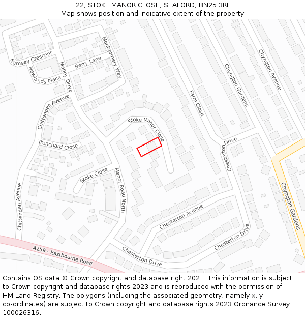 22, STOKE MANOR CLOSE, SEAFORD, BN25 3RE: Location map and indicative extent of plot