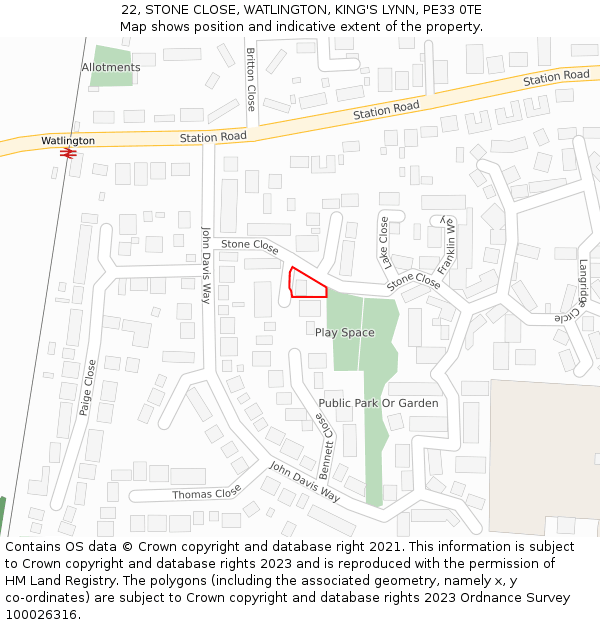 22, STONE CLOSE, WATLINGTON, KING'S LYNN, PE33 0TE: Location map and indicative extent of plot