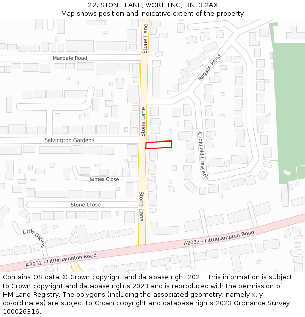 22, STONE LANE, WORTHING, BN13 2AX: Location map and indicative extent of plot