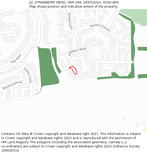 22, STRAWBERRY MEAD, FAIR OAK, EASTLEIGH, SO50 8RG: Location map and indicative extent of plot