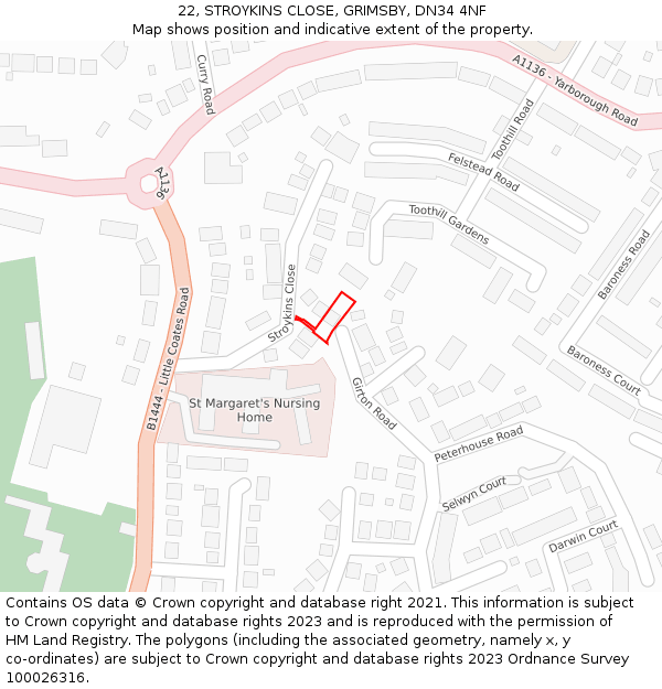 22, STROYKINS CLOSE, GRIMSBY, DN34 4NF: Location map and indicative extent of plot