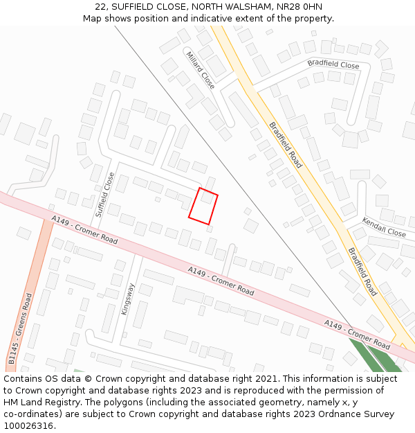 22, SUFFIELD CLOSE, NORTH WALSHAM, NR28 0HN: Location map and indicative extent of plot