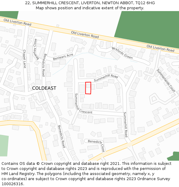 22, SUMMERHILL CRESCENT, LIVERTON, NEWTON ABBOT, TQ12 6HG: Location map and indicative extent of plot