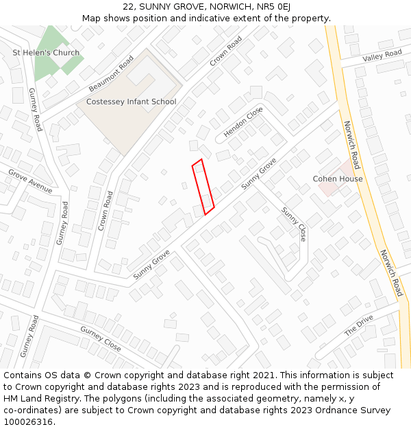 22, SUNNY GROVE, NORWICH, NR5 0EJ: Location map and indicative extent of plot