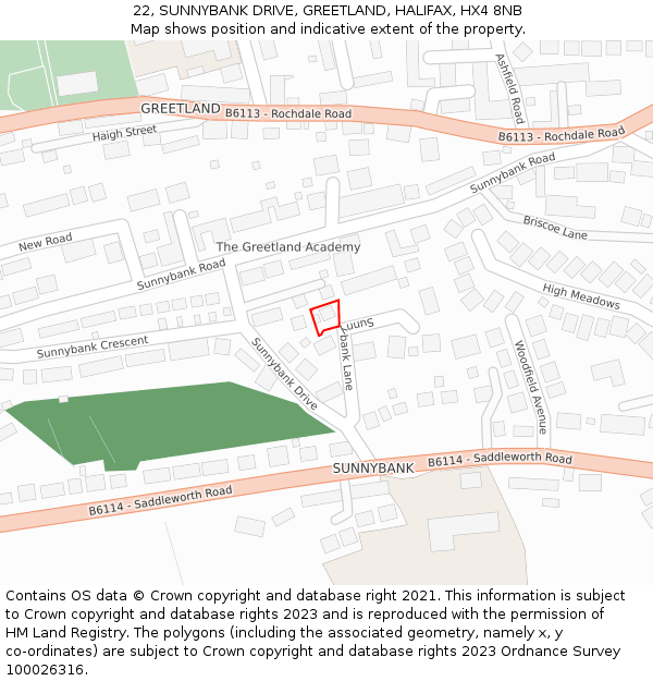 22, SUNNYBANK DRIVE, GREETLAND, HALIFAX, HX4 8NB: Location map and indicative extent of plot