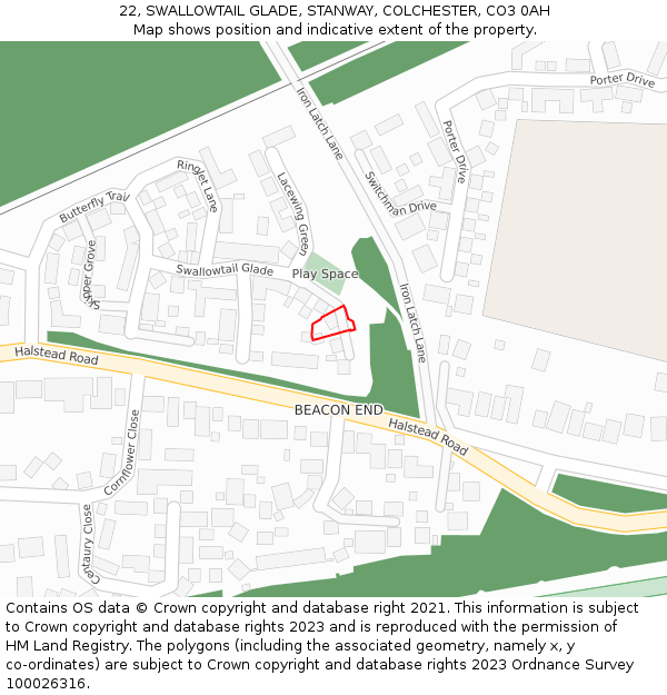 22, SWALLOWTAIL GLADE, STANWAY, COLCHESTER, CO3 0AH: Location map and indicative extent of plot