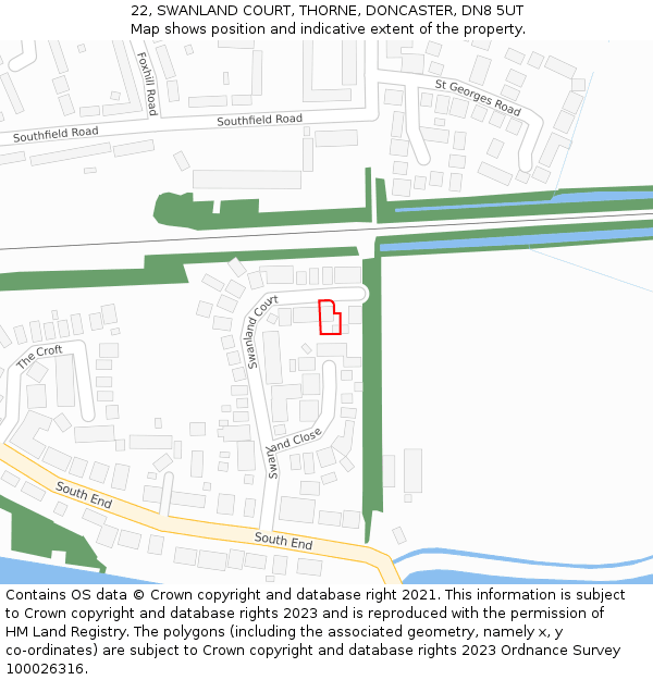 22, SWANLAND COURT, THORNE, DONCASTER, DN8 5UT: Location map and indicative extent of plot