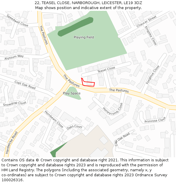 22, TEASEL CLOSE, NARBOROUGH, LEICESTER, LE19 3DZ: Location map and indicative extent of plot