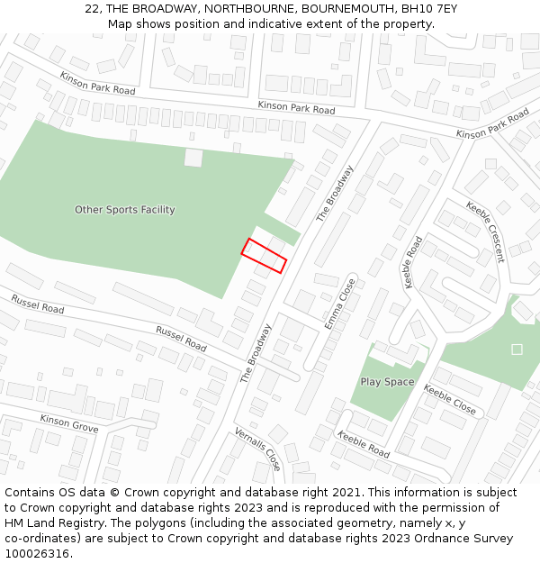 22, THE BROADWAY, NORTHBOURNE, BOURNEMOUTH, BH10 7EY: Location map and indicative extent of plot