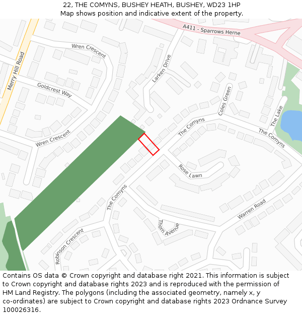 22, THE COMYNS, BUSHEY HEATH, BUSHEY, WD23 1HP: Location map and indicative extent of plot