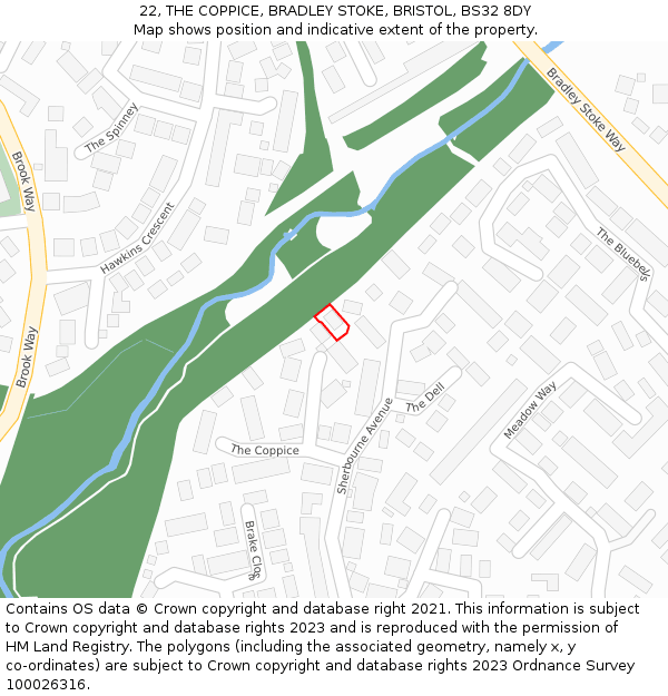22, THE COPPICE, BRADLEY STOKE, BRISTOL, BS32 8DY: Location map and indicative extent of plot