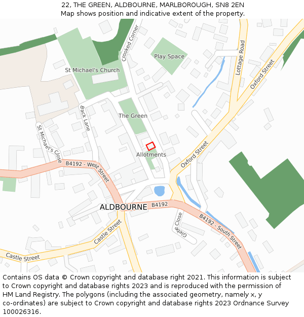 22, THE GREEN, ALDBOURNE, MARLBOROUGH, SN8 2EN: Location map and indicative extent of plot