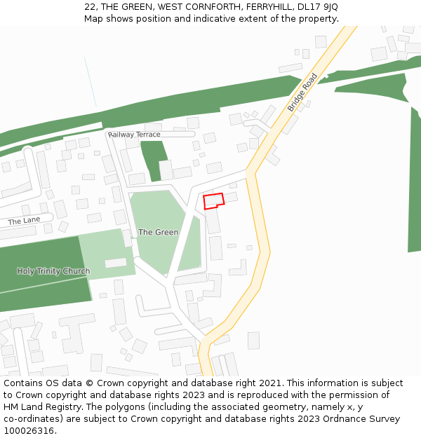 22, THE GREEN, WEST CORNFORTH, FERRYHILL, DL17 9JQ: Location map and indicative extent of plot