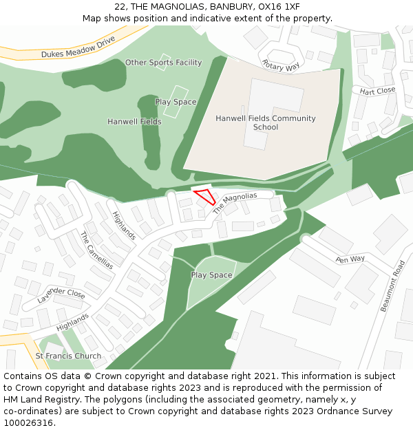 22, THE MAGNOLIAS, BANBURY, OX16 1XF: Location map and indicative extent of plot