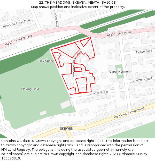 22, THE MEADOWS, SKEWEN, NEATH, SA10 6SJ: Location map and indicative extent of plot