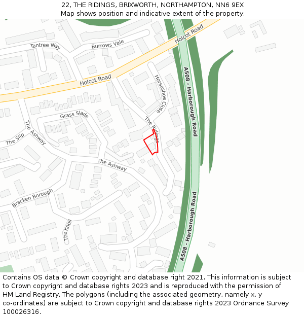 22, THE RIDINGS, BRIXWORTH, NORTHAMPTON, NN6 9EX: Location map and indicative extent of plot
