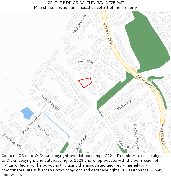 22, THE RIDINGS, WHITLEY BAY, NE25 9XZ: Location map and indicative extent of plot