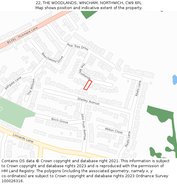 22, THE WOODLANDS, WINCHAM, NORTHWICH, CW9 6PL: Location map and indicative extent of plot