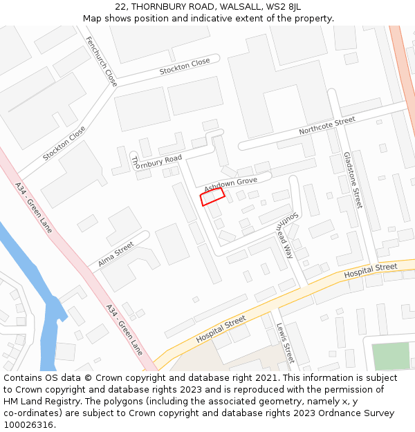22, THORNBURY ROAD, WALSALL, WS2 8JL: Location map and indicative extent of plot