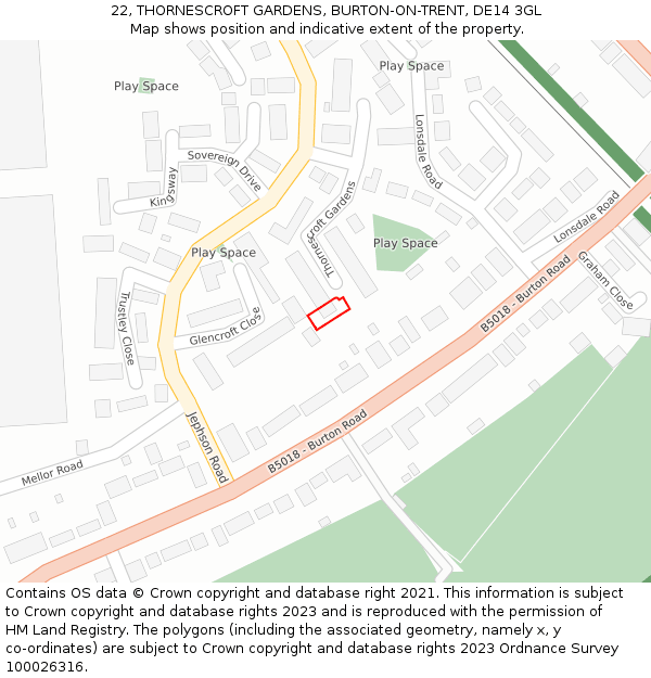 22, THORNESCROFT GARDENS, BURTON-ON-TRENT, DE14 3GL: Location map and indicative extent of plot