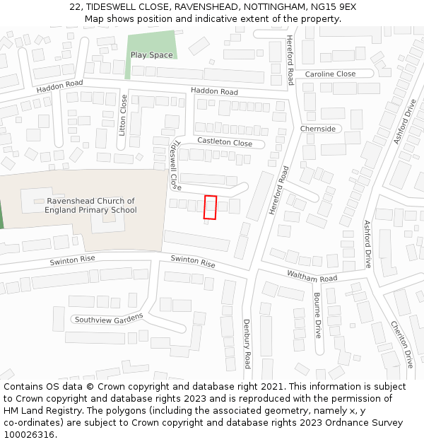 22, TIDESWELL CLOSE, RAVENSHEAD, NOTTINGHAM, NG15 9EX: Location map and indicative extent of plot