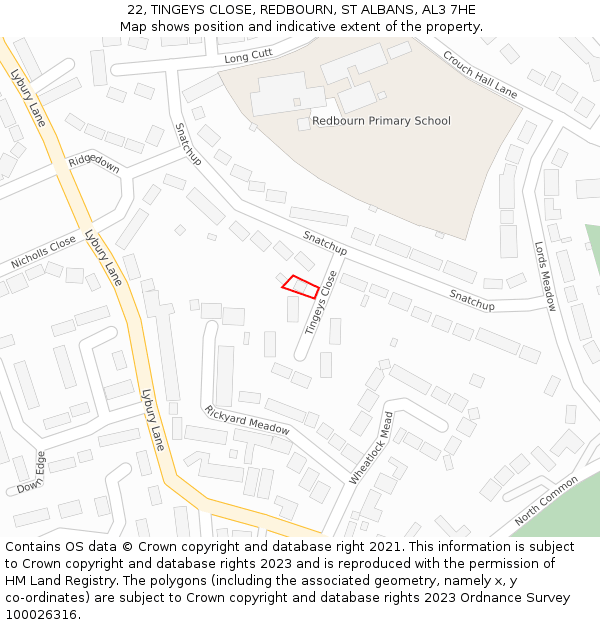 22, TINGEYS CLOSE, REDBOURN, ST ALBANS, AL3 7HE: Location map and indicative extent of plot