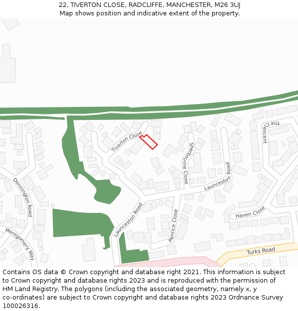 22, TIVERTON CLOSE, RADCLIFFE, MANCHESTER, M26 3UJ: Location map and indicative extent of plot
