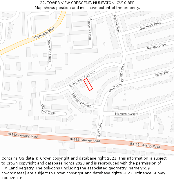 22, TOWER VIEW CRESCENT, NUNEATON, CV10 8PP: Location map and indicative extent of plot