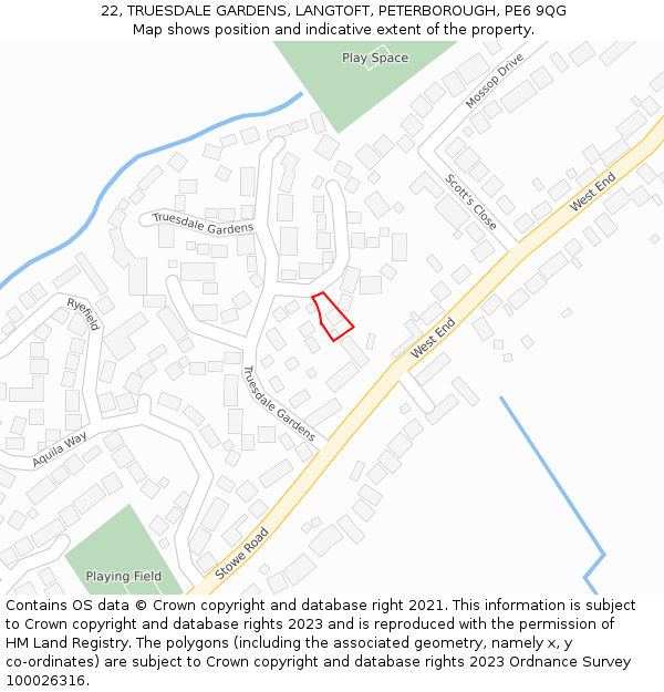 22, TRUESDALE GARDENS, LANGTOFT, PETERBOROUGH, PE6 9QG: Location map and indicative extent of plot