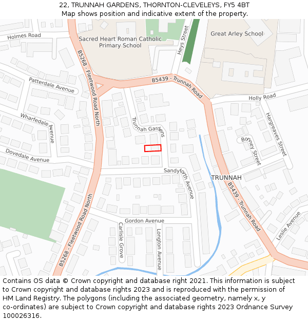 22, TRUNNAH GARDENS, THORNTON-CLEVELEYS, FY5 4BT: Location map and indicative extent of plot