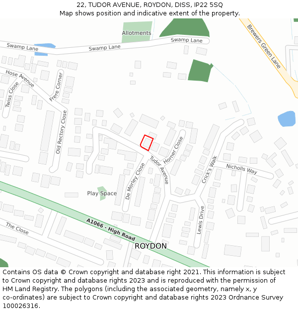 22, TUDOR AVENUE, ROYDON, DISS, IP22 5SQ: Location map and indicative extent of plot