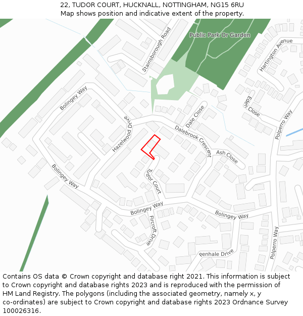 22, TUDOR COURT, HUCKNALL, NOTTINGHAM, NG15 6RU: Location map and indicative extent of plot