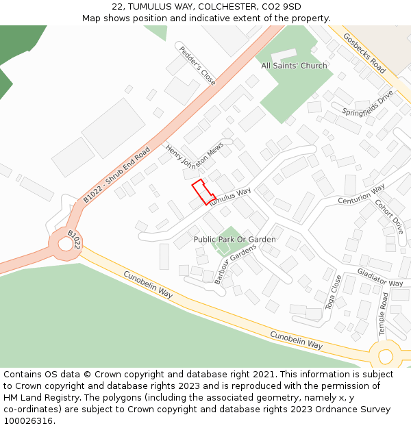 22, TUMULUS WAY, COLCHESTER, CO2 9SD: Location map and indicative extent of plot