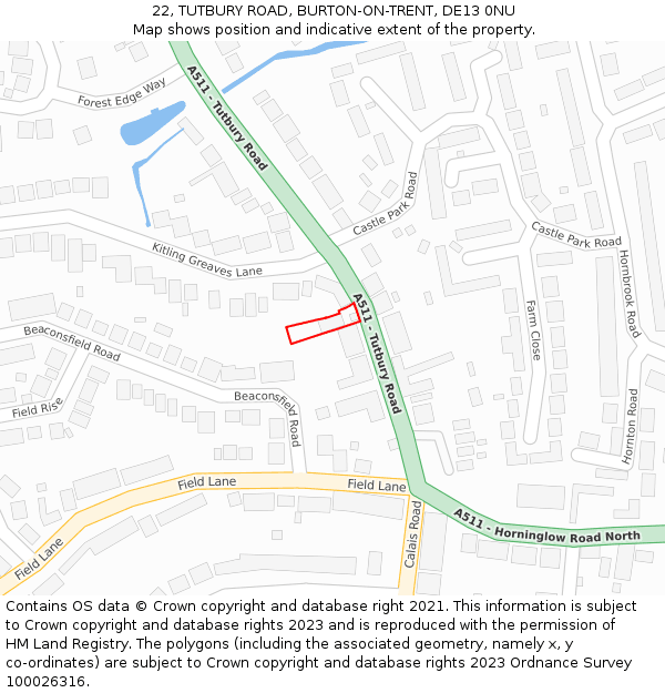 22, TUTBURY ROAD, BURTON-ON-TRENT, DE13 0NU: Location map and indicative extent of plot