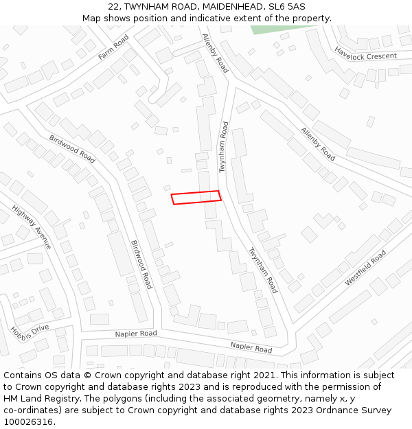 22, TWYNHAM ROAD, MAIDENHEAD, SL6 5AS: Location map and indicative extent of plot