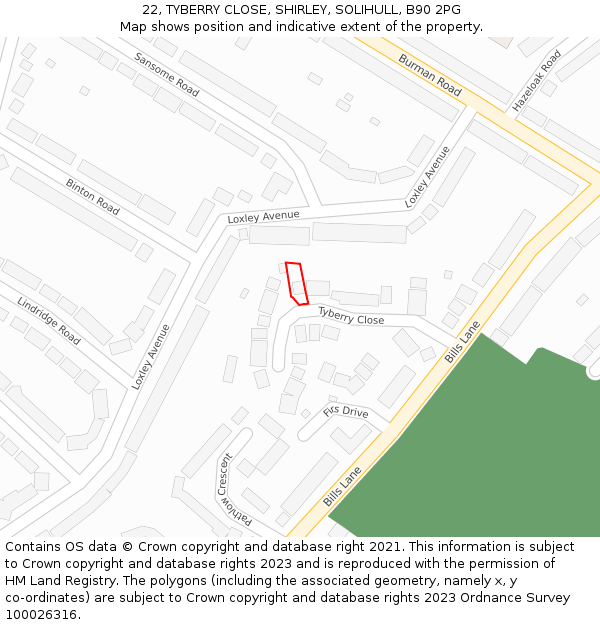 22, TYBERRY CLOSE, SHIRLEY, SOLIHULL, B90 2PG: Location map and indicative extent of plot