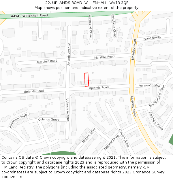 22, UPLANDS ROAD, WILLENHALL, WV13 3QE: Location map and indicative extent of plot
