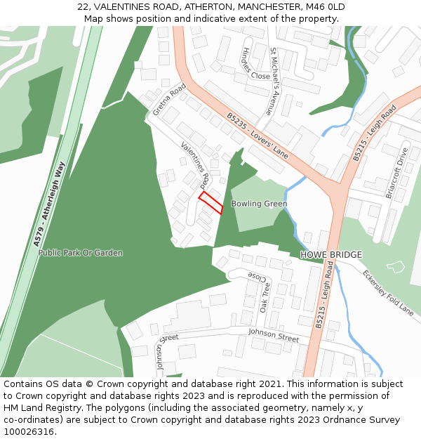 22, VALENTINES ROAD, ATHERTON, MANCHESTER, M46 0LD: Location map and indicative extent of plot