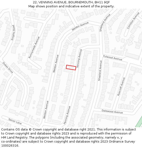 22, VENNING AVENUE, BOURNEMOUTH, BH11 9QF: Location map and indicative extent of plot