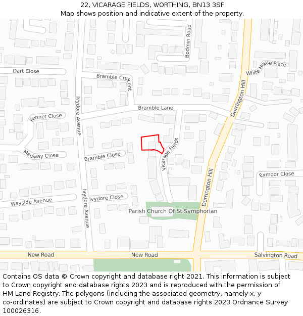22, VICARAGE FIELDS, WORTHING, BN13 3SF: Location map and indicative extent of plot