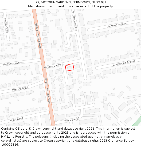 22, VICTORIA GARDENS, FERNDOWN, BH22 9JH: Location map and indicative extent of plot